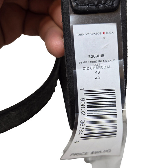 John Varvatos Star USA 38mm Fabric Inlaid Calf Leather Charcoal Men's Belt 40 - Picture 4 of 4